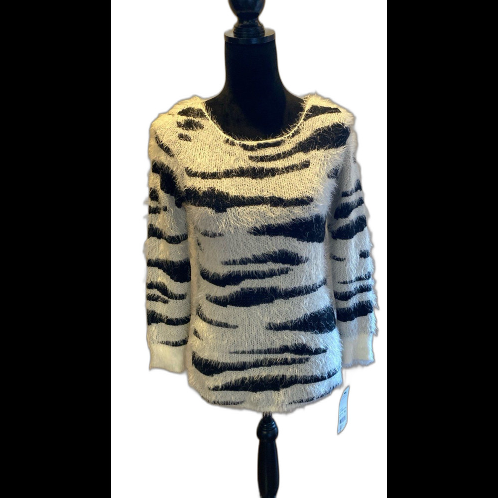 NY Collection Sweater NEW Zebra‎ Stripes Furry Fuzzy FUN Size XS Black & White